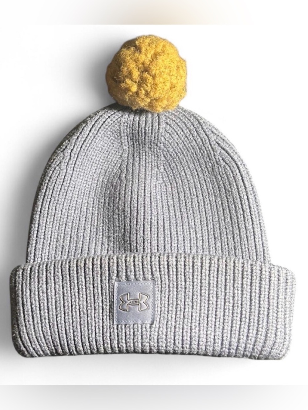 Under Armour women Light Gray Ribbed Beanie with Yellow Pom